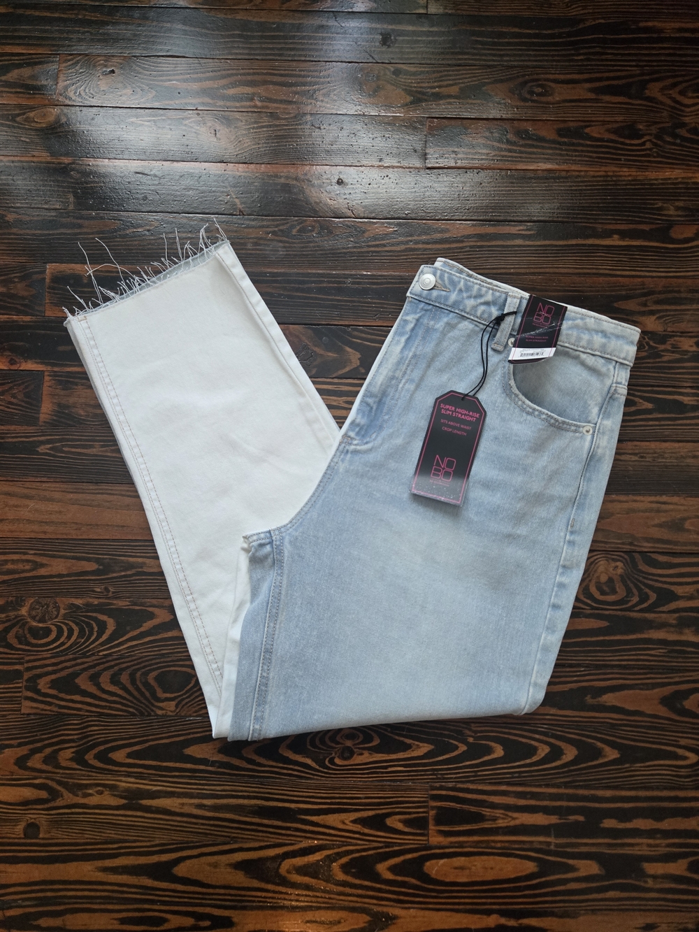 NWT No Boundaries Two Tone Colorblock High Rise Straight Leg Raw Hem Denim Jeans